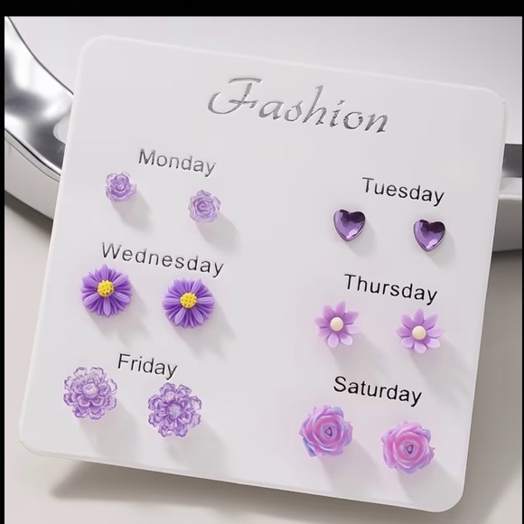 Jewelry - Six Day Purple Flower and Heart Stud Earring Set
